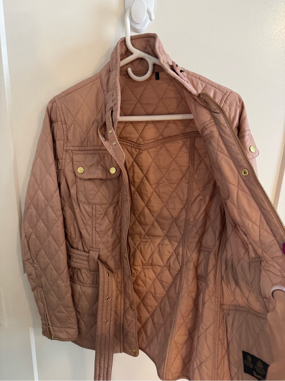 Barbour Quilted Belted Utility Jacket in Rose Taupe - Picture 9 of 14